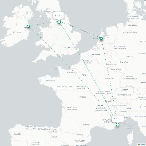 Mapa de vuelo directo Niza - Leeds, Condado de Yorkshire del Oeste