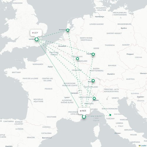 Mapa de vuelo directo Niza - Londres
