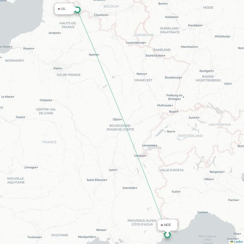 Mapa lotu bezpośredniego Nicea – Lille