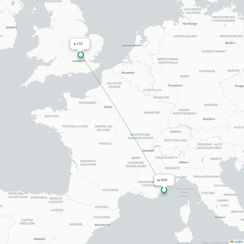 Mapa de vuelo directo Niza - Londres