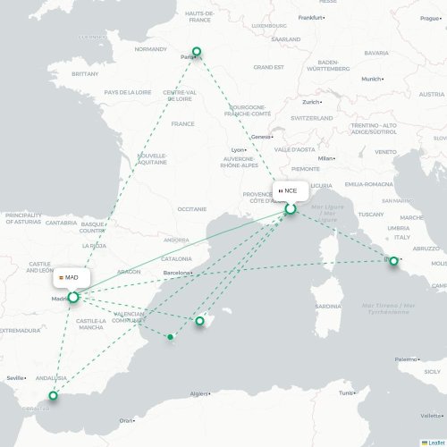 Mapa de vuelo directo Niza - Madrid