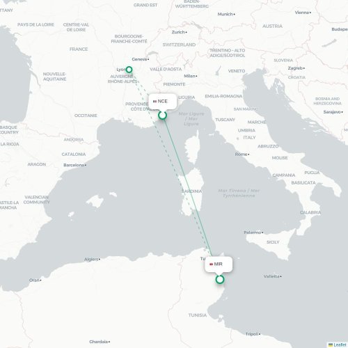 Mapa lotu bezpośredniego Nicea – Monastyr