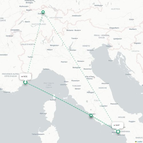 Mapa de vuelo directo Niza - Nápoles