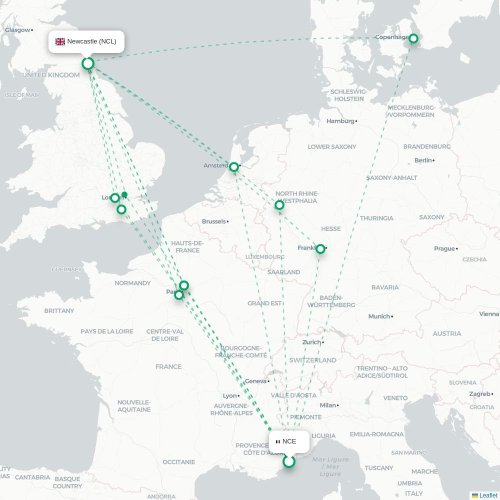 Mapa de vuelo directo Niza - Newcastle-upon-Tyne