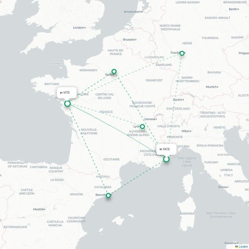 Mapa lotu bezpośredniego Nicea – Nantes