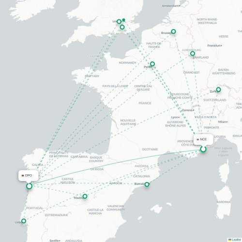 Mapa de vuelo directo Niza - Oporto