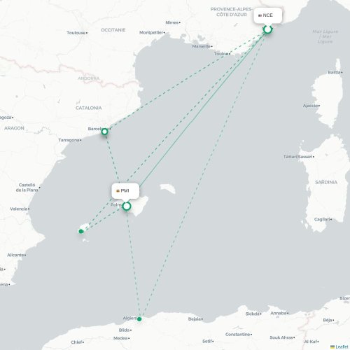 Mapa de vuelo directo Niza - Palma