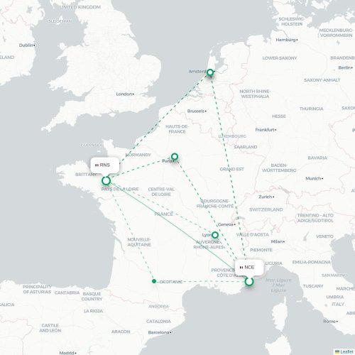 Mapa de vuelo directo Niza - Rennes