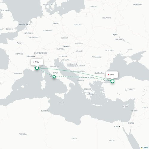 Mapa de vuelo directo Niza - Estambul