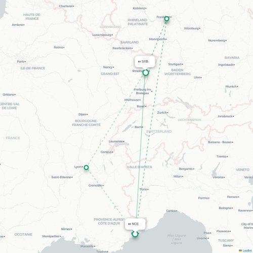 Mapa de vuelo directo Niza - Estrasburgo
