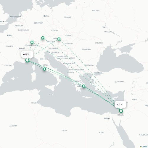 Mapa lotu bezpośredniego Nicea – Tel Awiw