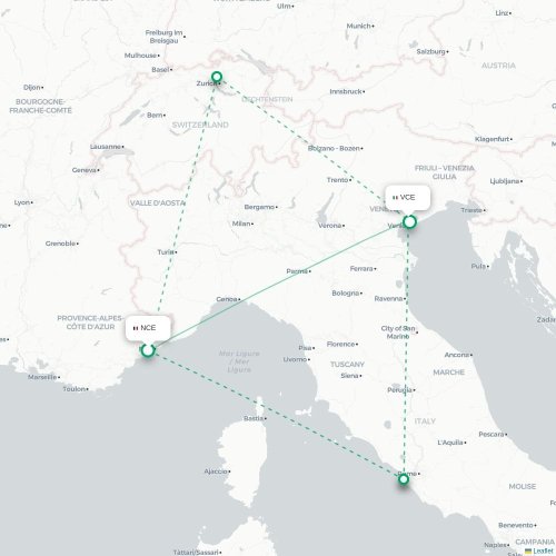 Mapa de vuelo directo Niza - Venecia