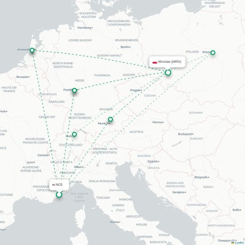 Nizza – Wrocław suoran lennon kartta