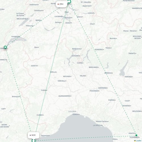 Mapa de vuelo directo Niza - Zúrich
