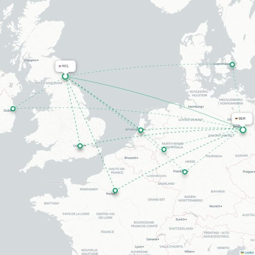Newcastle - Berlin karta över direktflyg