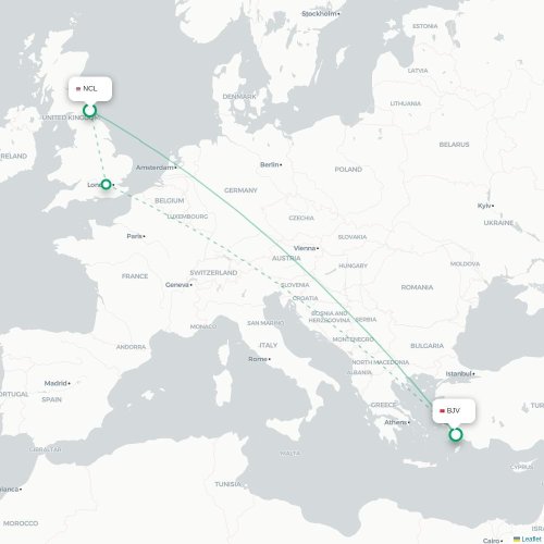 Mapa de vuelo directo Newcastle-upon-Tyne - Bodrum
