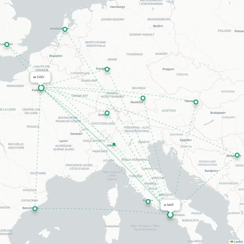 Mapa de vuelo directo Newcastle-upon-Tyne - París