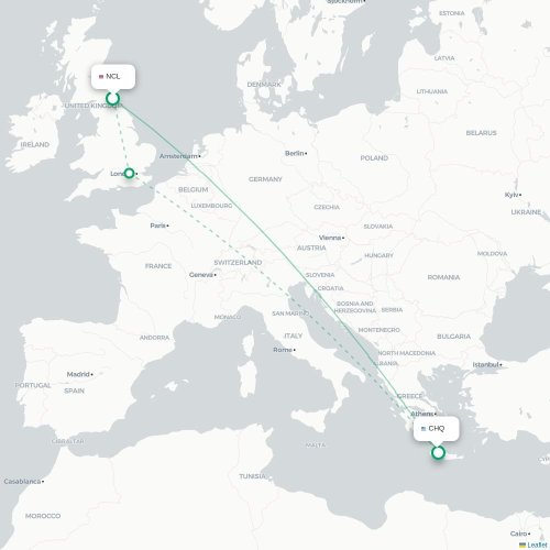 Mapa de vuelo directo Newcastle-upon-Tyne - La Canea