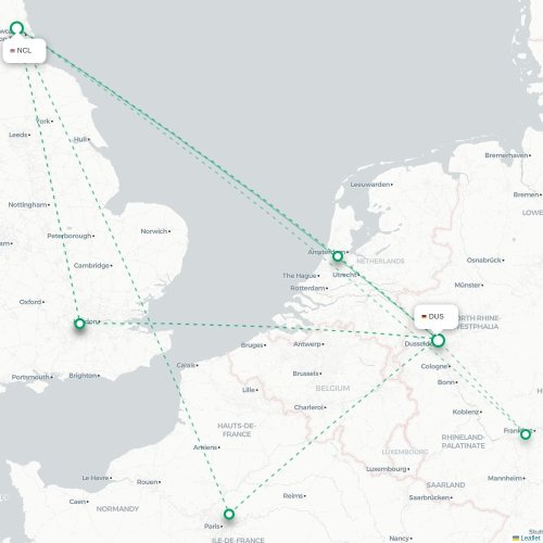 Newcastle - Dusseldorf karta över direktflyg
