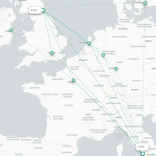 Mapa de vuelo directo Newcastle-upon-Tyne - Roma