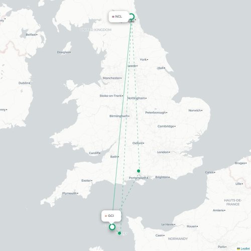 Mapa de vuelo directo Newcastle-upon-Tyne - Saint Peter Port