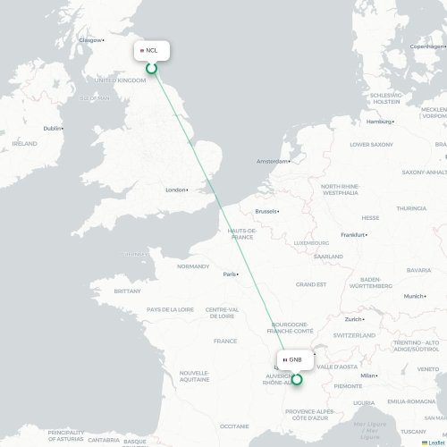 Mapa de vuelo directo Newcastle-upon-Tyne - Grenoble