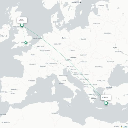 Mapa de vuelo directo Newcastle-upon-Tyne - Kos