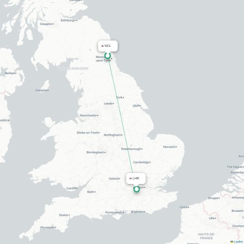 Mapa de vuelo directo Newcastle-upon-Tyne - Londres