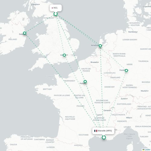 Mapa de vuelo directo Newcastle-upon-Tyne - Marsella