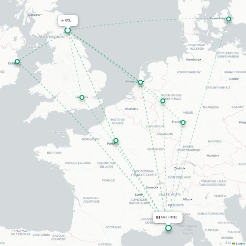 Mapa de vuelo directo Newcastle-upon-Tyne - Niza