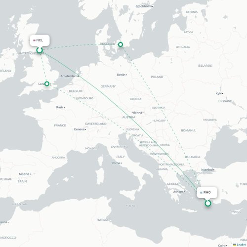 Mapa de vuelo directo Newcastle-upon-Tyne - Rodas