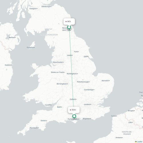 Mapa de vuelo directo Newcastle-upon-Tyne - Southampton