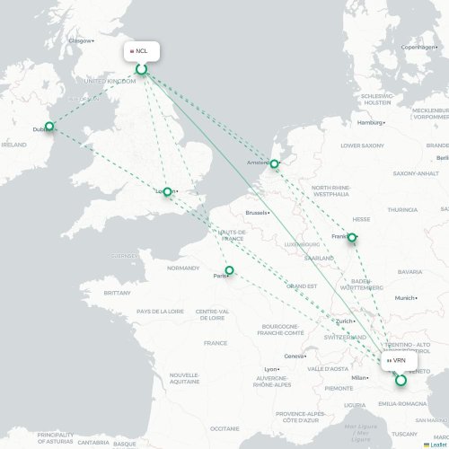 Mapa de vuelo directo Newcastle-upon-Tyne - Verona