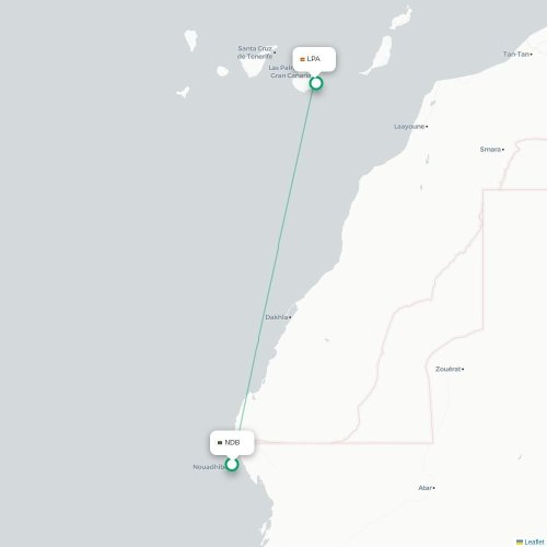 Mapa de vuelo directo Nuadibú - Las Palmas de Gran Canaria