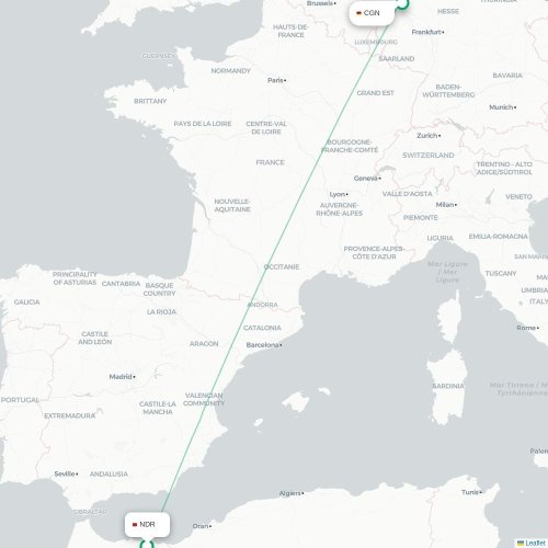 Nador - Keulen kaart van rechtstreekse vlucht