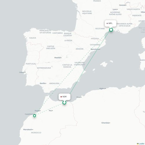 Mapa de vuelo directo Nador - Montpellier