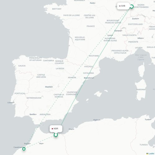 Mapa de vuelo directo Nador - Estrasburgo