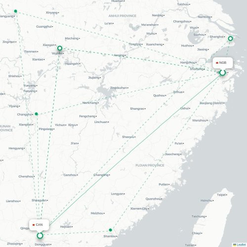 Mapa de vuelo directo Ningbo - Cantón