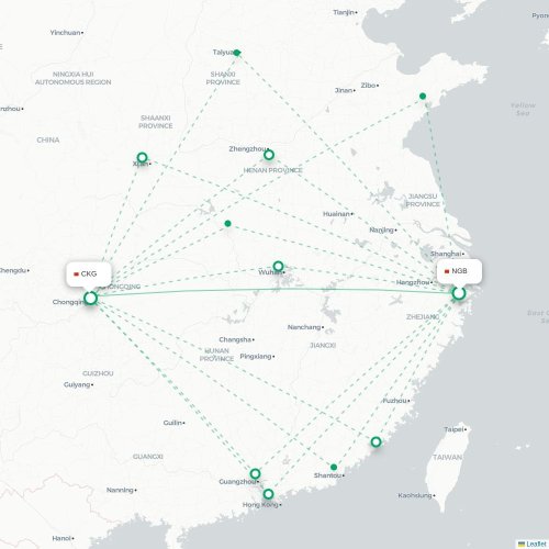Mapa de vuelo directo Ningbo - Chongqing