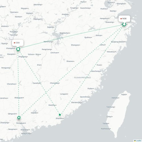Mapa de vuelo directo Ningbo - Changsha