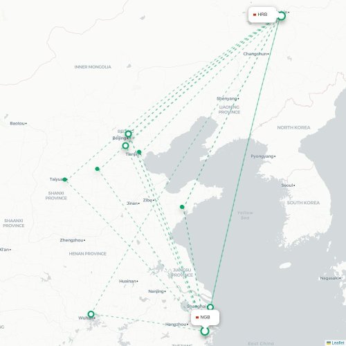 Mapa de vuelo directo Ningbo - Harbin