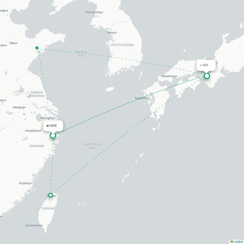 Mapa lotu bezpośredniego Ningbo – Osaka