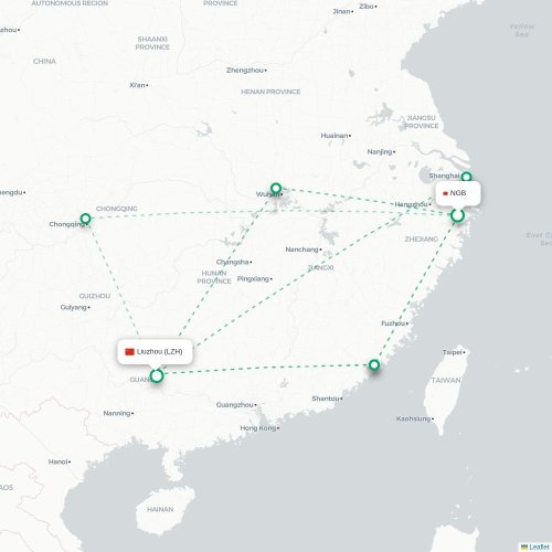 Mapa de vuelo directo Ningbo - Liuzhou