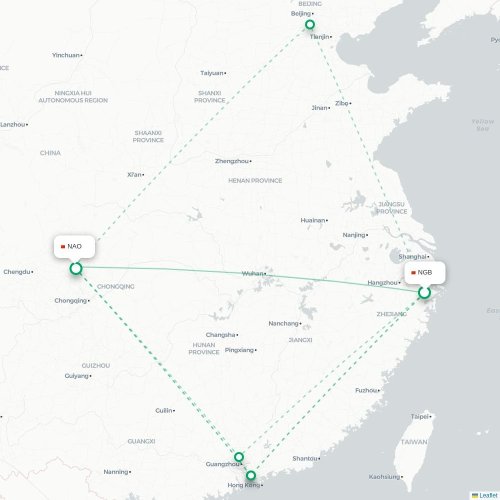 Mapa de vuelo directo Ningbo - Nanchong