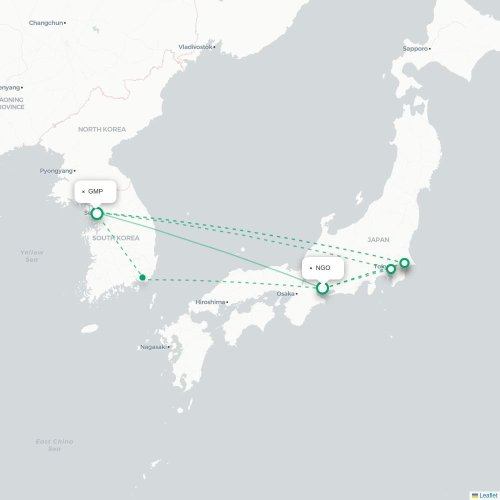 Mapa de vuelo directo Nagoya - Seúl