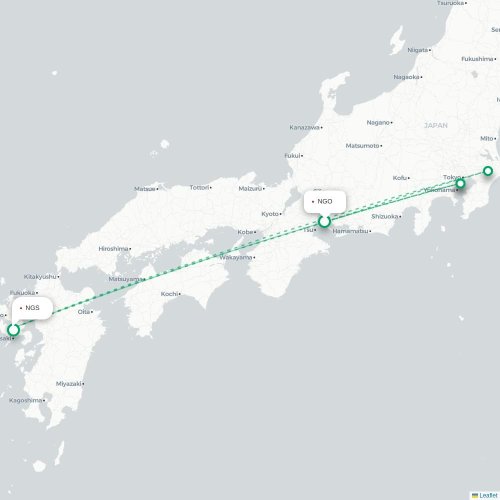 Mapa de vuelo directo Nagoya - Nagasaki