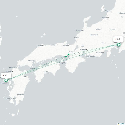 Mapa lotu bezpośredniego Nagasaki – Tokio