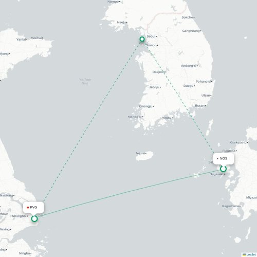 Mapa de vuelo directo Nagasaki - Shangai