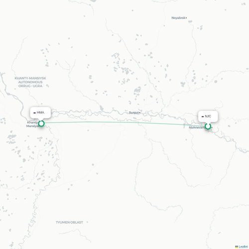 Mapa de vuelo directo Nizhnevártovsk - Janty-Mansisk