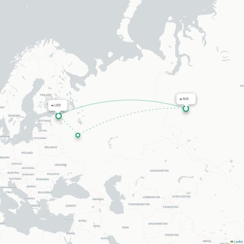 Mapa de vuelo directo Nizhnevártovsk - San Petersburgo